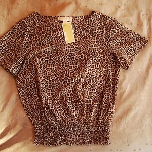 NWT Michael Kors Sz. M Cheetah Animal Print Smocked Lightweight Top Shirt